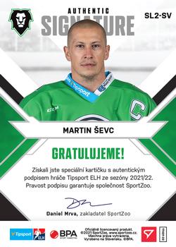 2021-22 SportZoo Tipsport ELH - Signed Stars Level 2 #SL2-SV Martin Sevc Back