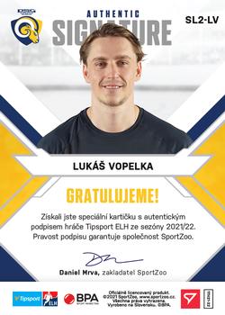 2021-22 SportZoo Tipsport ELH - Signed Stars Level 2 #SL2-LV Lukas Vopelka Back