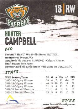 2021-22 Everett Silvertips (WHL) #NNO Hunter Campbell Back