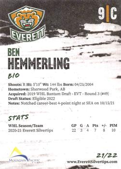 2021-22 Everett Silvertips (WHL) #NNO Ben Hemmerling Back