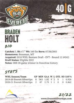 2021-22 Everett Silvertips (WHL) #NNO Braden Holt Back