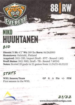2021-22 Everett Silvertips (WHL) #NNO Niko Huuhtanen Back