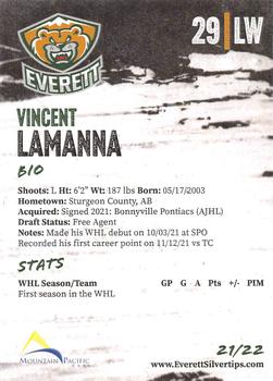 2021-22 Everett Silvertips (WHL) #NNO Vincent Lamanna Back