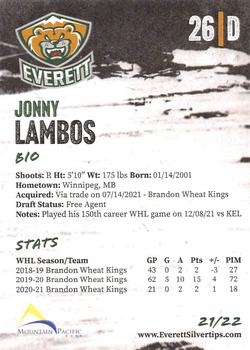 2021-22 Everett Silvertips (WHL) #NNO Jonny Lambos Back