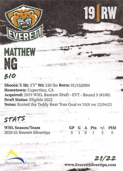 2021-22 Everett Silvertips (WHL) #NNO Matthew Ng Back