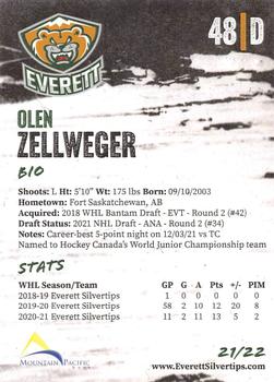 2021-22 Everett Silvertips (WHL) #NNO Olen Zellweger Back