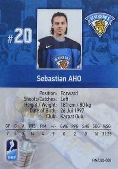 2016 BY Cards IIHF World Junior Championship #FIN/U20-08 Sebastian Aho Back