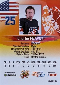 2017 BY Cards IIHF World Championship #USA/2017-06 Charlie McAvoy Back
