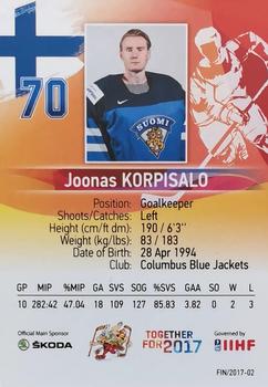 2017 BY Cards IIHF World Championship #FIN/2017-02 Joonas Korpisalo Back