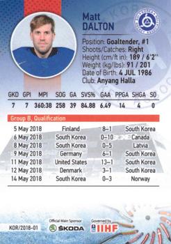 2018 BY Cards IIHF World Championship (Unlicensed) #KOR/2018-01 Matt Dalton Back