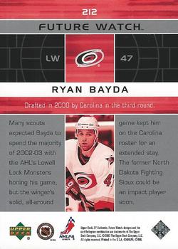 2002-03 Upper Deck Rookie Update - 2002-03 SP Authentic Update #212 Ryan Bayda Back