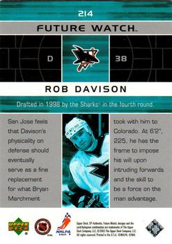 2002-03 Upper Deck Rookie Update - 2002-03 SP Authentic Update #214 Rob Davison Back