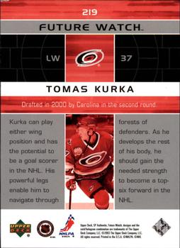 2002-03 Upper Deck Rookie Update - 2002-03 SP Authentic Update #219 Tomas Kurka Back