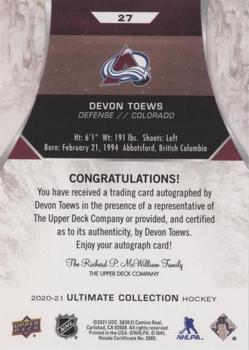 2020-21 Upper Deck Ultimate Collection - Autographs #27 Devon Toews Back