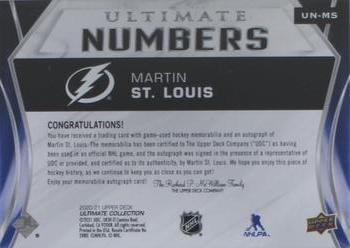 2020-21 Upper Deck Ultimate Collection - Ultimate Numbers Patch Autographs #UN-MS Martin St. Louis Back