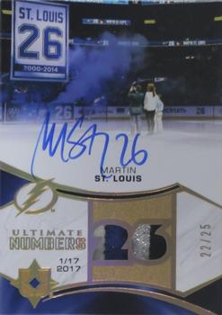 2020-21 Upper Deck Ultimate Collection - Ultimate Numbers Patch Autographs #UN-MS Martin St. Louis Front