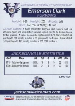 2021-22 Choice Jacksonville Icemen (ECHL) 5th Anniversary #4 Emerson Clark Back