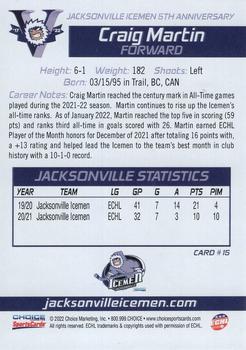 2021-22 Choice Jacksonville Icemen (ECHL) 5th Anniversary #15 Craig Martin Back