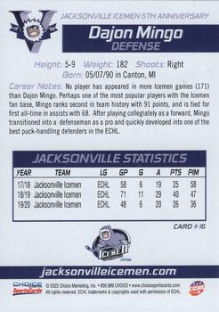 2021-22 Choice Jacksonville Icemen (ECHL) 5th Anniversary #16 Dajon Mingo Back