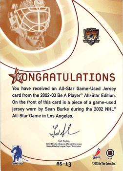 2015-16 In The Game Final Vault - 2002-03 Be a Player All-Star Edition - Jerseys (Green Vault Stamp) #AS-13 Sean Burke Back