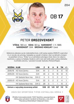 2021-22 SportZoo Tipos Extraliga #204 Peter Ordzovensky Back