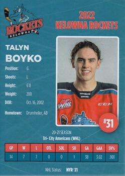 2021-22 Kelowna Rockets (WHL) #25 Talyn Boyko Back