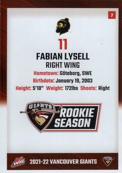 2021-22 Vancouver Giants (WHL) #7 Fabian Lysell Back