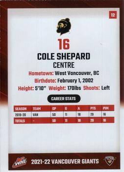 2021-22 Vancouver Giants (WHL) #12 Cole Shepard Back