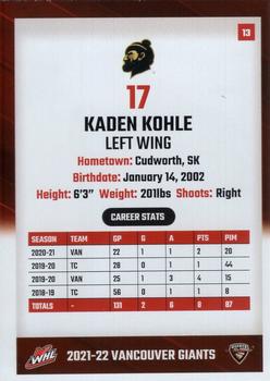 2021-22 Vancouver Giants (WHL) #13 Kaden Kohle Back