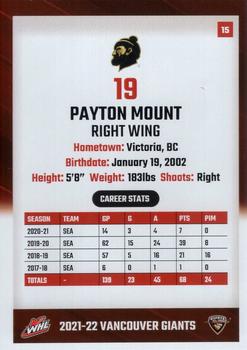 2021-22 Vancouver Giants (WHL) #15 Payton Mount Back