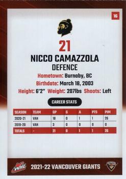 2021-22 Vancouver Giants (WHL) #16 Nicco Camazzola Back