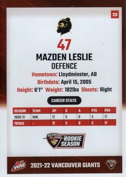 2021-22 Vancouver Giants (WHL) #23 Mazden Leslie Back