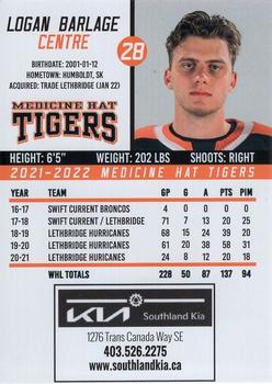 2021-22 Medicine Hat Tigers (WHL) #NNO Logan Barlage Back