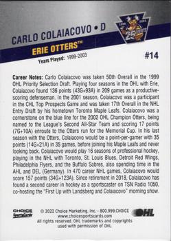 2021-22 Choice Erie Otters (OHL) 25th Anniversary #14 Carlo Colaiacovo Back