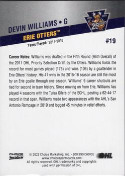 2021-22 Choice Erie Otters (OHL) 25th Anniversary #19 Devin Williams Back