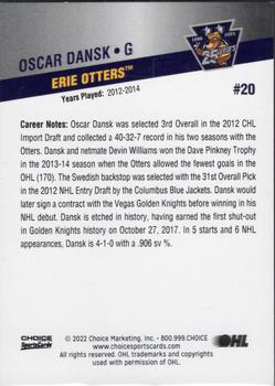 2021-22 Choice Erie Otters (OHL) 25th Anniversary #20 Oscar Dansk Back
