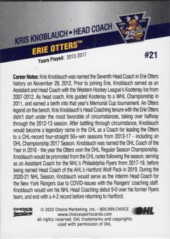 2021-22 Choice Erie Otters (OHL) 25th Anniversary #21 Kris Knoblauch Back