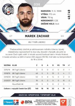 2021-22 SportZoo Tipsport ELH - Red #036 Marek Zachar Back
