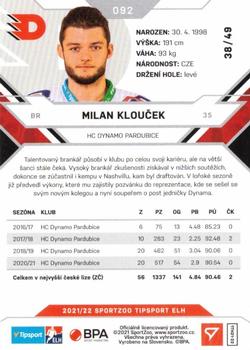 2021-22 SportZoo Tipsport ELH - Red #092 Milan Kloucek Back