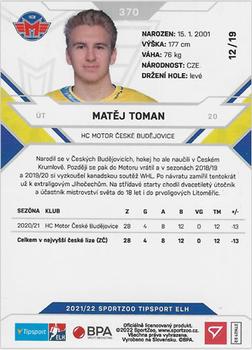 2021-22 SportZoo Tipsport ELH - Gold #370 Matej Toman Back