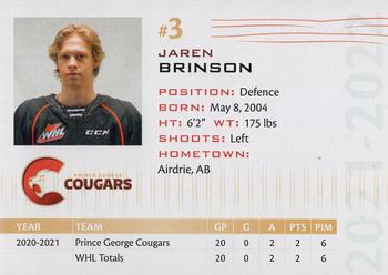 2021-22 Prince George Cougars (WHL) #NNO Jaren Brinson Back