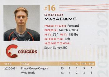 2021-22 Prince George Cougars (WHL) #NNO Carter MacAdams Back