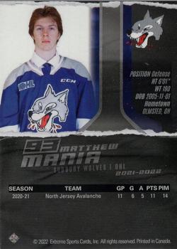 2021-22 Extreme Sudbury Wolves (OHL) #25 Matthew Mania Back
