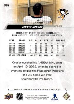 2022-23 Upper Deck #387 Sidney Crosby Back