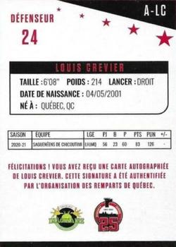 2021-22 Quebec Remparts (QMJHL) 25th Anniversary - Signatures Red (Rouge) #A-LC Louis Crevier Back
