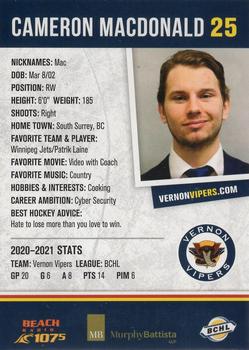 2021-22 Vernon Vipers (BCHL) #16 Cam MacDonald Back