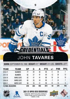 2021-22 Upper Deck Credentials #9 John Tavares Back