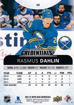 2021-22 Upper Deck Credentials #30 Rasmus Dahlin Back