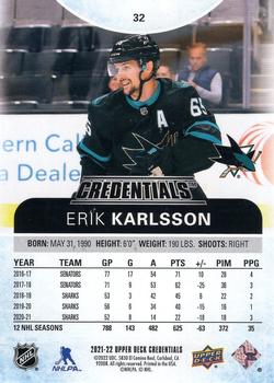 2021-22 Upper Deck Credentials #32 Erik Karlsson Back