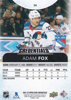 2021-22 Upper Deck Credentials #34 Adam Fox Back